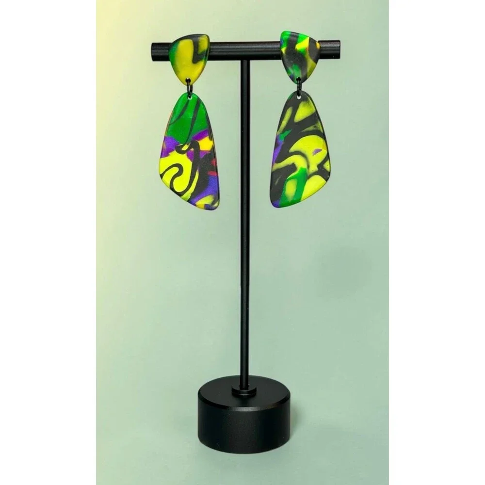 Polymer Clay Dangle Earrings Bright Green Yellow Graphic Print Handmade SS Posts